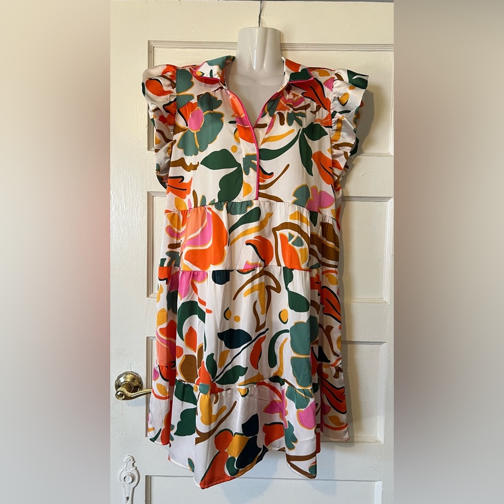 Umgee White Floral Midi Dress with Pink, Orange & Green Accents